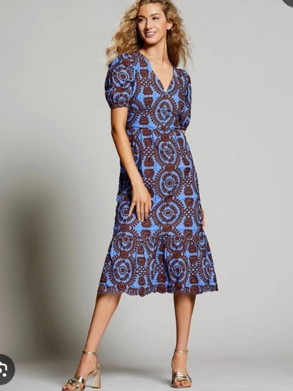 NWT Adelyn Rae Eyelet Embroidered Puff Short Sleeve V-Neck Midi Dress Sz xs